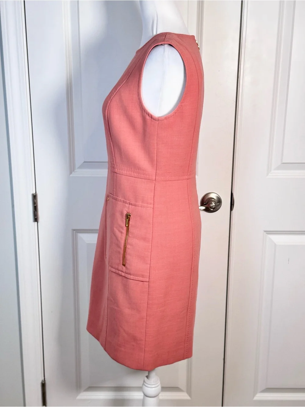 Tory Burch Petra Dress 2 Peach Wool Blend Sheath Gold Zip Pockets Officecore